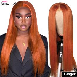 Ishow 13*1 T Part Transparent Lace Front Wig Straight Orange Ginger 350 Yellow Green Remy Human Hair Wigs Pink Red Light Blue Purple Ombre Colour Wigs for Women 8-26 inch