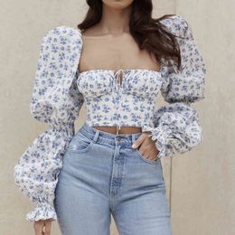 Spring And Summer Vintage Women's Sexy Shirt Fashion Floral Flared Sleeves Lacing Folds Short Crop Top Female Clothing 210514