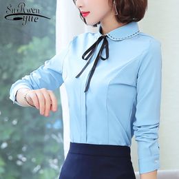 Fashion Women Chiffon Blouses Casual Notched Tops Long Sleeve Bow Clothing Office Lady 5703 50 210508