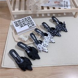 Fashion Women Slippers Pointed Toe Shallow Slip On Mules Shoes Thin Mid Heels Big Bow Design Outdoor Slippers Dress Shoes Woman 210513