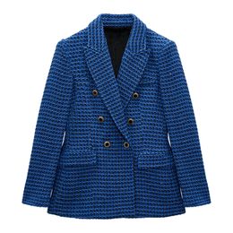 TOP QUALITY 2022 Women jacket New Fashion Double Breasted Tweed Check Slim Blazer Coat Vintage Long Sleeve Pockets Female Outerwear Chic