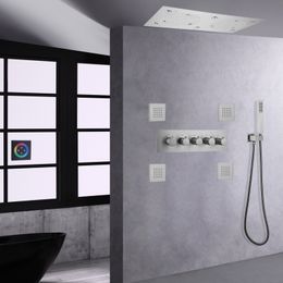 Brushed Nickel LED Shower System Wall-mounted Ceiling Shower Head Thermostatic Rain Mist Spa Handheld Douche Massage