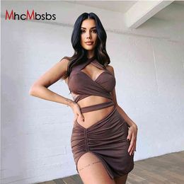 2 Two Piece Sets Brown Bandage Tops Ruched Slit Mini Skirts Women Sexy Halter Neck Vests Beach Clubwear Outfits Summer 210517