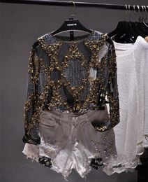In stock Runway Shirts for Women Sexy Mesh Bling Transparent Beading Long Sleeve Lace Top Sell Sequined Shirt 210428