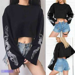 Women T-Shirt Long Sleeve Dragon Print Round Neck Evening Party Clubwear Top Elegant Ladies Slim Fit Short Clothing 210522