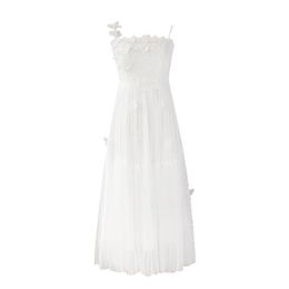 Women White Solid Sleeveless Strap Dress Slash Neck Maxi Summer Mesh D1744 210514