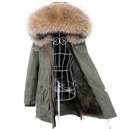 Mmaomaokong Fashion Real Winter Jacket Natural Fur Coat Real Raccoon Fur Collar Loose Long Green Parker Jacket Fur Removabl 211019