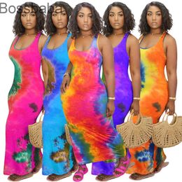 Women Long Dress Solid Colour Tie Dye Short Sleeve Casual Bodysuit Skirt Sexy U Neck Big Swing Fashion Printed Sleeveless Maxi Dresses 859