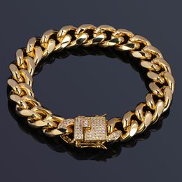 12mm Gold Colour Plated Cuban Chain Bracelet With 1ct Lab Cubic Zirconia Clasp Hip Hop Bracelets For Men