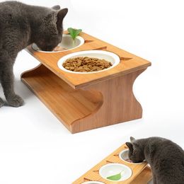 Newly Elevated Tilted Pets Bowls with Wooden Stand Pet Feeder for Pet Cats Dogs Y200922