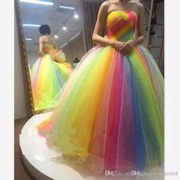 Ny Färgrik Rainbow Prom Klänningar Boll Kappa Strapless Golv Längd Lace Up Korsett Lång Formell Kväll Party Prom Kappor Skräddarsy CG001