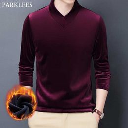 Luxury Wine Red Velvet Velour Sweatshirt Men Casual V Neck Soft Warm Mens Sweatshirts Slim Fit Cosy Male Clothing Sweat Homme 210522