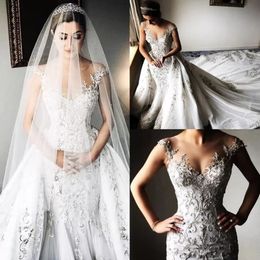 Luxurious Gorgeous Beaded Lace Arabic Wedding Dress Sheer Neck Mermaid Bridal Dresses Tulle Vintage Sexy Wedding Gowns