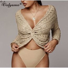 Colysmo Chest Twist Sweater Women V-neck Long Sleeve Hollow Out Thin Pullover White Knit Crop Top Loose Casual Streetwear 210527