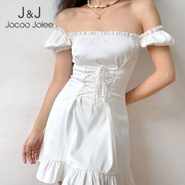 Jocoo Jolee Women Summer Sexy Y2K Ruffle Lace Up One shoulder Silk Bow Mini Dress Solid Party Club Elegant French Romantic 210518