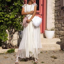 Elegant Loose Pleated White DrWomen O Neck Short Sleeve Lace Patchwork Maxi Chiffon DrSummer Boho Long Dresses Vestidos X0621