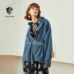 FANSILANEN Belt casual blue denim jacket coats Women oversized vintage short jeans Spring elegant pocket female cardigan 210607