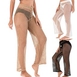 Summer Women See Through Boho Wide Leg High Waist Trousers Beach Long Loose Mesh Sheer Pants Crochet Hollow Out Women Pants Q0801