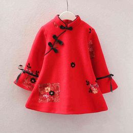 Girl Autumn Winter Chinese Style Dress Tang Costume Coat Wool Coats for Kids New Year Clothes Children Woollen Chi-pao 2 3 4 5 6y G1218