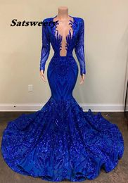 Long Sleeves Sequined Prom Dresses 2021 Mermaid Royal Blue for Black Girls Celebrity Sexy African Formal Evening Gowns