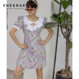 Vintage Puff Sleeve Ditsy Floral Dress Women Tunic A Line Mini Summer Square Neck Classy Korean 210427