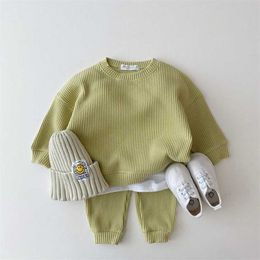 Korean Baby Cotton Kintting Clothing Sets Kids Boys Girls Spring Autumn Loose Tracksuit Pullovers Tops+Pants 2PCS Clothes 211025
