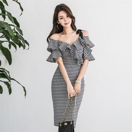 Summer Plaid Print Vintage Dress Sexy V Neck Bowtie Strap Off Shoulder Ruffles Sleeve Slim Club Party Bodycon 210603