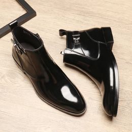 Fashion Black Formal Mens Business Dress Shoes Patent Leather Boots Male Ankle Boots With Buckle