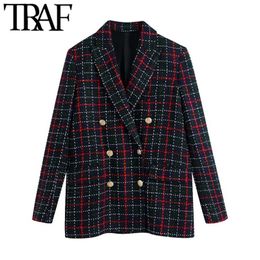 TRAF Women Fashion With Metal Button Tweed Check Blazer Coat Vintage Long Sleeve Pockets Female Outerwear Chic Veste 211006