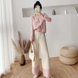 Korean Chic Houndstooth Knit Suit Women Fashion Loose Knitted Cardigan Tops + Spliced Wide-Leg Pants Two Piece Set Casual Outfit Women's Tra