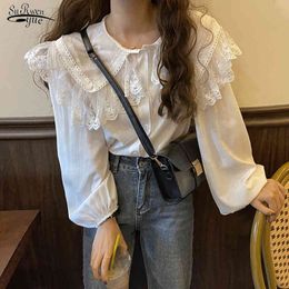 Spring Fairy Peter Pan Collar Basic Blouse Office Lady Tops Chic Lace Chiffon Puff Sleeve Casual Vintage Female Shirt 11767 210521