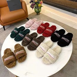 slip resistant flip flops UK - Balenciaga Wool Slippers Boots Women Solid Color 1:1 Embroidery Flip Flop AAAAA Winter Rubber Wear-Resistant Bottom Trendy Sheep Leather Dupe Plush Sandals Box