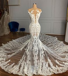 2021 Luxury Arabic Mermaid Wedding Dresses Formal Bridal Dress Jewel Neck Illusion Sheer Full Lace Crystal Beads Cathedral Train vestido de noiva