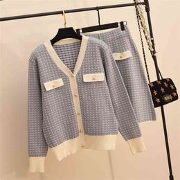 Autumn Knitted 2 Piece Set Women Plaid V Neck Sweater Cardigan Coat Tops + Mini Skirt Sets Korean Elegant Sweatsuits For 210514