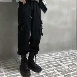QWEEK Harajuku Cargo Pants Women Hippie Japanese Streetwear Black Pants Spring 2021 Women Trousers Gothic Oversize Pants Q0801