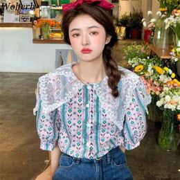 Lace Patch Turn Down Collar Women Blouse Flower Print Short Puff Sleeve Korean Chic Summer Shirt Vintage Blusa Mujer 210519