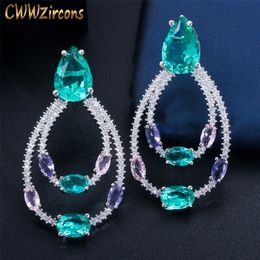 CWWZircons Designer Double Circle Drop Light Blue Cubic Zirconia Crystal Dangle Earrings Trendy Female Party Jewellery Gift CZ703 210317