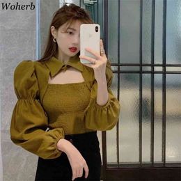 Chic Solid Korean Sweet Women Shirts Hollow Out Puff Sleeve Blouse Fashion Pleated Stretch Cropped Blusas Mujer 210519