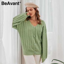 BeAvant Casual v-neck knitted women cardigan Long sleeve single-breasted sweater cardigan Green autumn ladies sweaters tops 210709