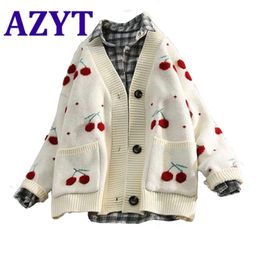 AZYT Fruit Cherry Embroidery Knitted Cardigan Autumn V Neck Oversize Woman Sweater Jacket Winter Warm Knitwear 210914