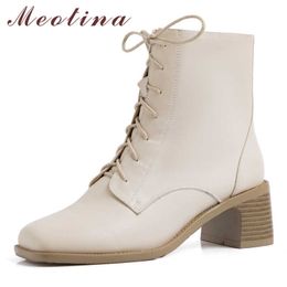Meotina Short Boots Women Shoes Real Leather High Heel Ankle Boots Square Toe Block Heels Zip Lace Up Lady Boots Autumn Beige 40 210608