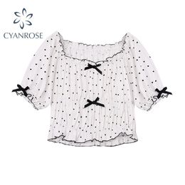 French Style Women Short Blouses Vintage Streetwear Heart Printed Bow Lace Up Casual Shirts Slash Neck Female Chic Pullover Tops 210515