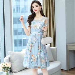 Women Print Dress Vintage short Sleeve Casual Loose Pleated Party Large size dresses 210507