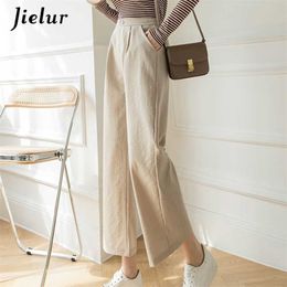 Jielur Fashion Wide Leg Pants Women Cotton Linen High Waist Solid Color Pockets Black Khaki Trousers S-XXL Spring 211216