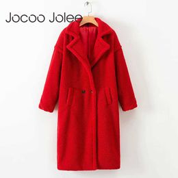 Jocoo Jolee Women Winter Thick Woolen Long Coat Elegant Vintage Solid Turn-down Collar Teddy Jackets Faux Lambswool Fur Coats 210619