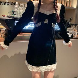 Neploe Korean Vintage Velvet Dress Autumn Winter Temperament Vestidos Lace Patchwork Square Collar Black Mini Dresses Women 210422