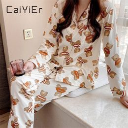 CAIYIER Bear Print Girls Leisure Pajamas Set Thick Long Sleeve Ulzzang Sleepwear Korea Wither Femme Cute Nightwear Homewear 210320