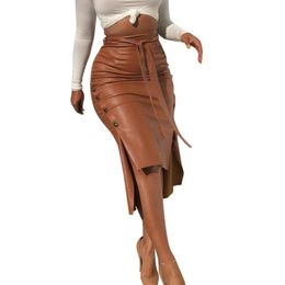 Saias Sexy Mulheres Outono Inverno Faux Leather Button Botão Bodycon Split Midi Skirt