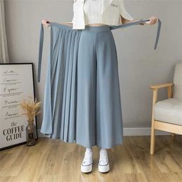 Spring Summer Style Korean Women Pleated Chiffon Trousers Plus Size High Waist Pants Hakama Casual Wide Leg Pantalones 211124