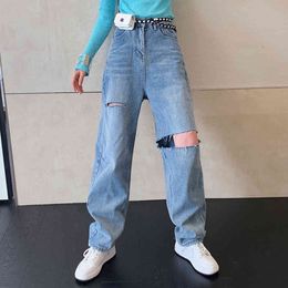 High waist cut straight wide leg pants women spring washed denim baggy with holes ripped jeans for 210429